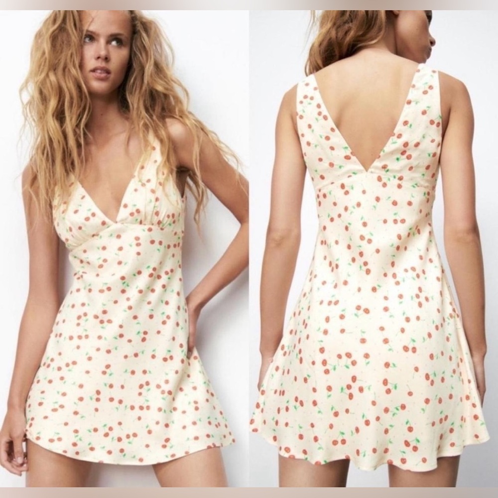 Zara light pink Dress with Red Cherry Pattern